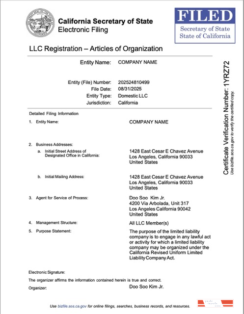USA California LLC registration Word and PDF template